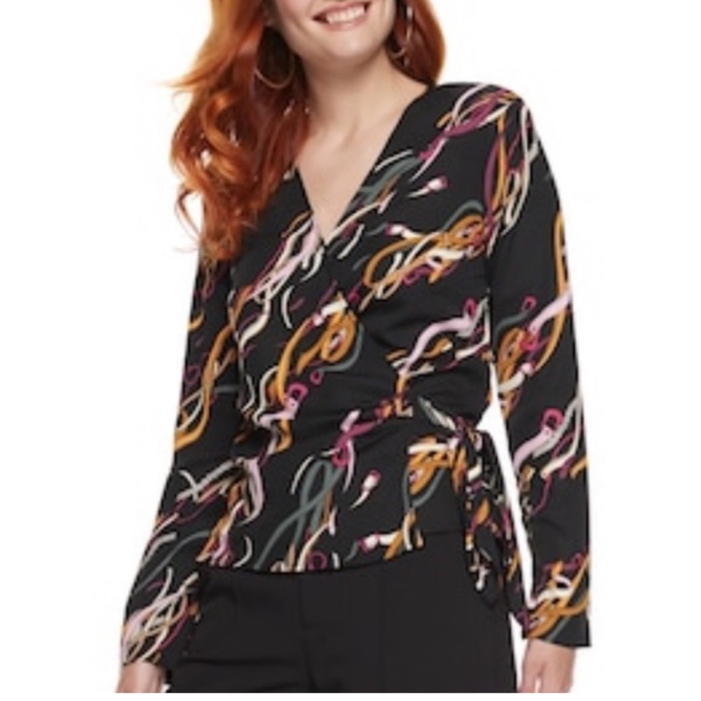 NINE WEST Black Belt Print Wrap Blouse S
